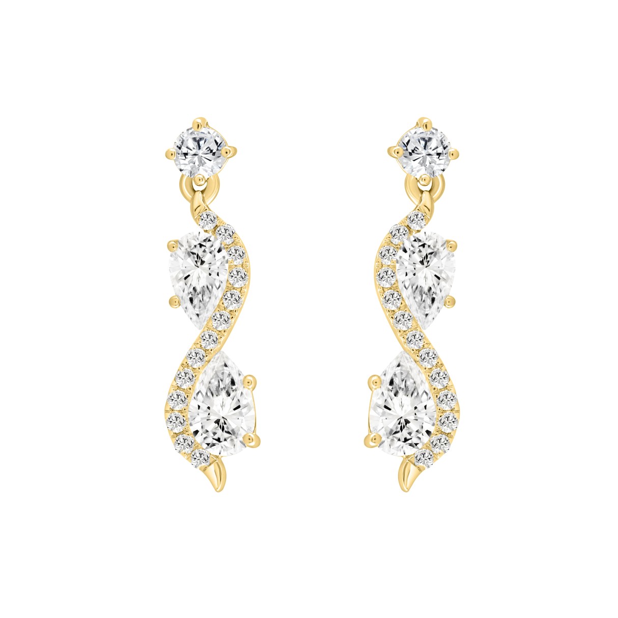 LADIES EARRINGS 1 1/2CT ROUND/PEAR DIAMOND 14K YELLOW GOLD - Image 1