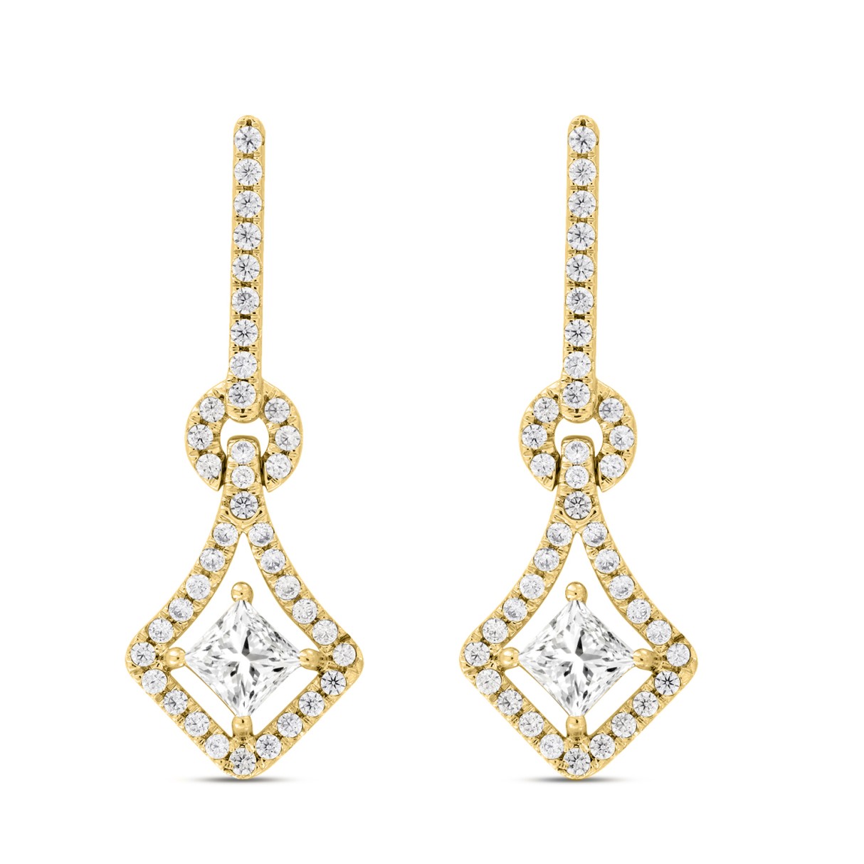 LADIES EARRINGS 1 1/3CT ROUND/PRINCESS DIAMOND 14K YELLOW GOLD - Image 1