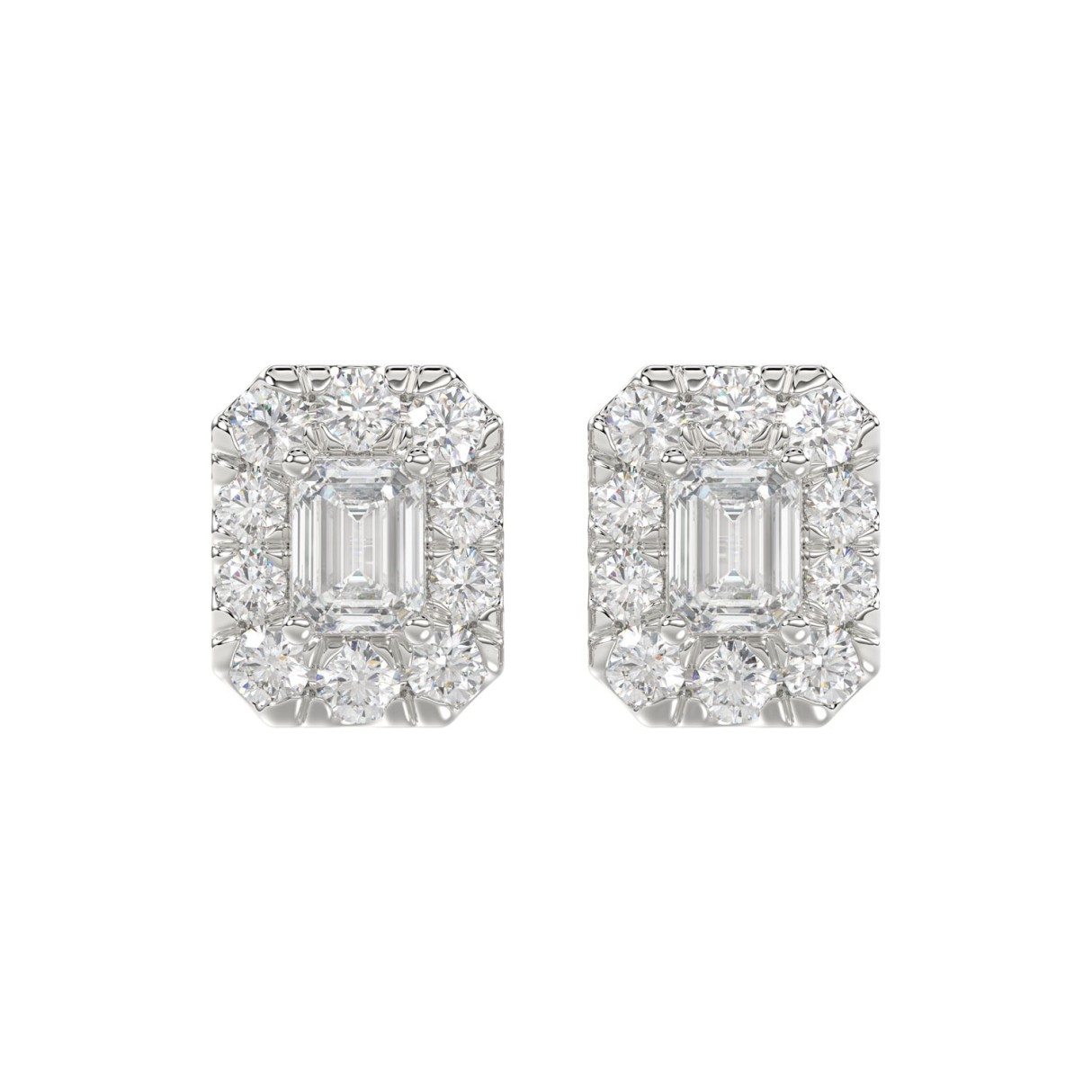 LADIES STUD EARRINGS 1CT EMERALD/ROUND DIAMOND 14K WHITE GOLD - Image 1