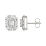 LADIES STUD EARRINGS 1CT EMERALD/ROUND DIAMOND 14K WHITE GOLD - Image 2