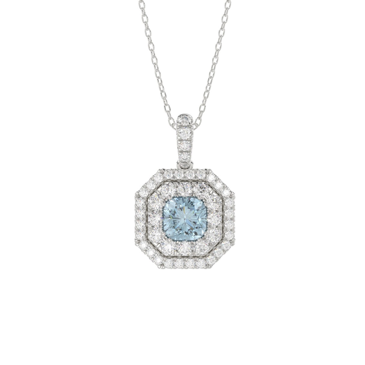 14K WHITE GOLD 1 1/2CT ROUND/BLUE CUSHION DIAMOND LADIES PENDANT WITH CHAIN - Image 1