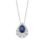 14K WHITE GOLD 2 1/4CT ROUND/MARQUISE/BLUE SAPPHIRE OVAL DIAMOND LADIES PENDANT WITH CHAIN (BLUE SAPPHIRE OVAL DIAMOND 1 1/4CT)