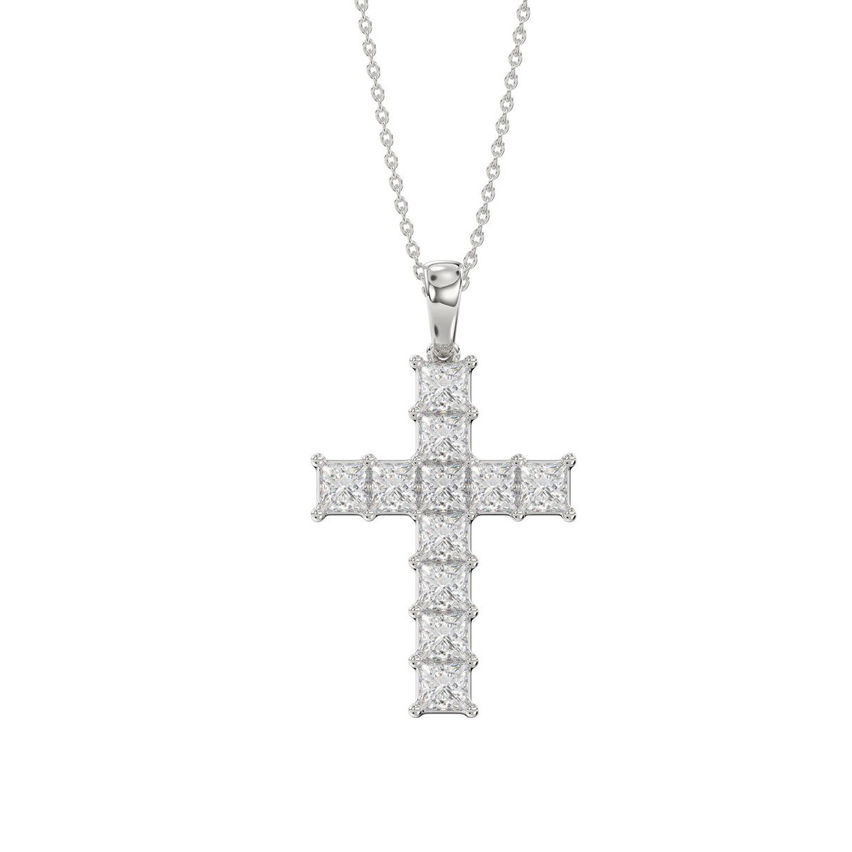 LADIES CROSS PENDANT WITH CHAIN 2 3/4CT PRINCESS DIAMOND 14K WHITE GOLD - Image 1