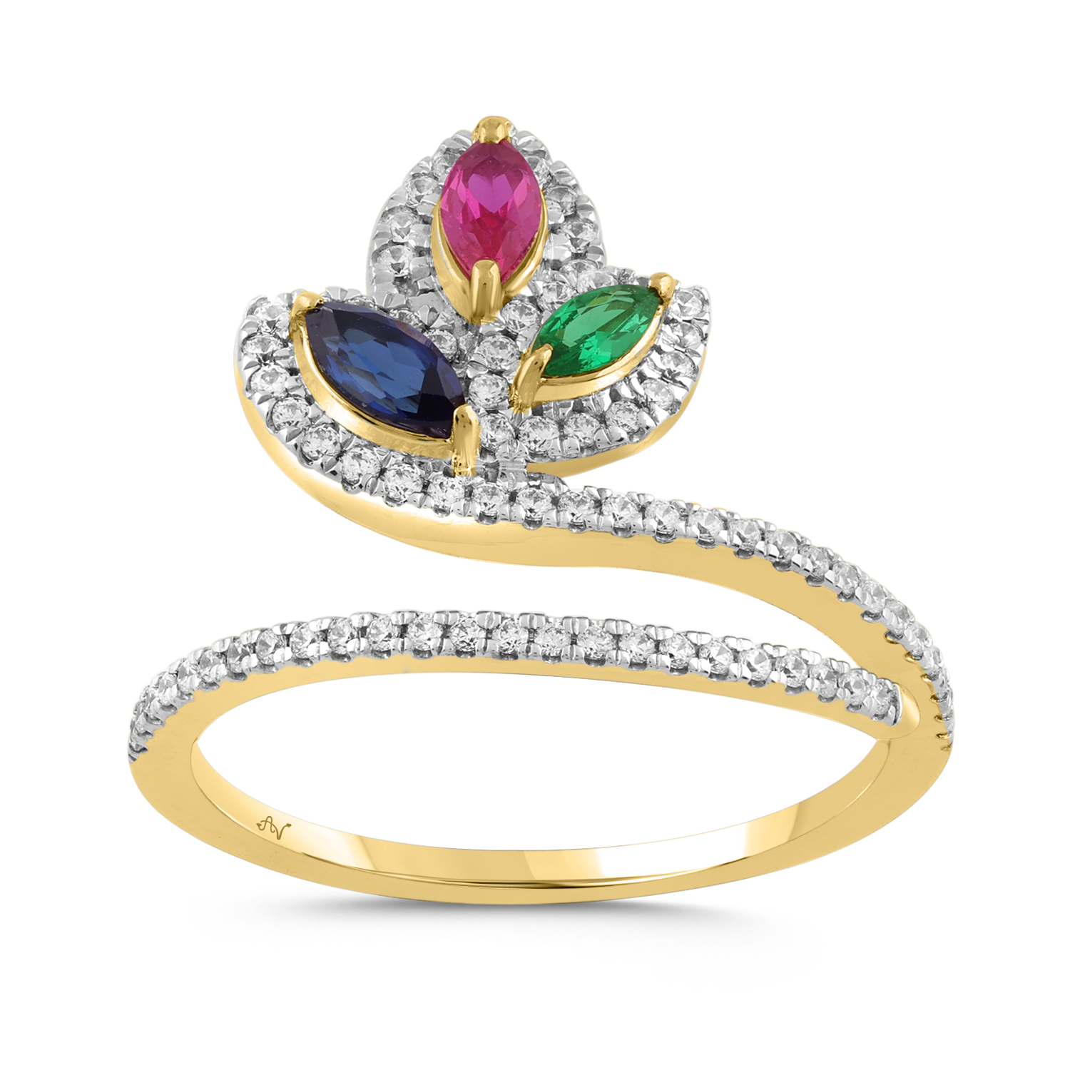 LADIES RING 0.75CT ROUND/RUBY/EMERALD SAPPHIRE 14K YELLOW GOLD (CENTER STONE 0.40CT MARQUISE SAPPHIRE RUBY EMERALD DIAMOND) - Image 1