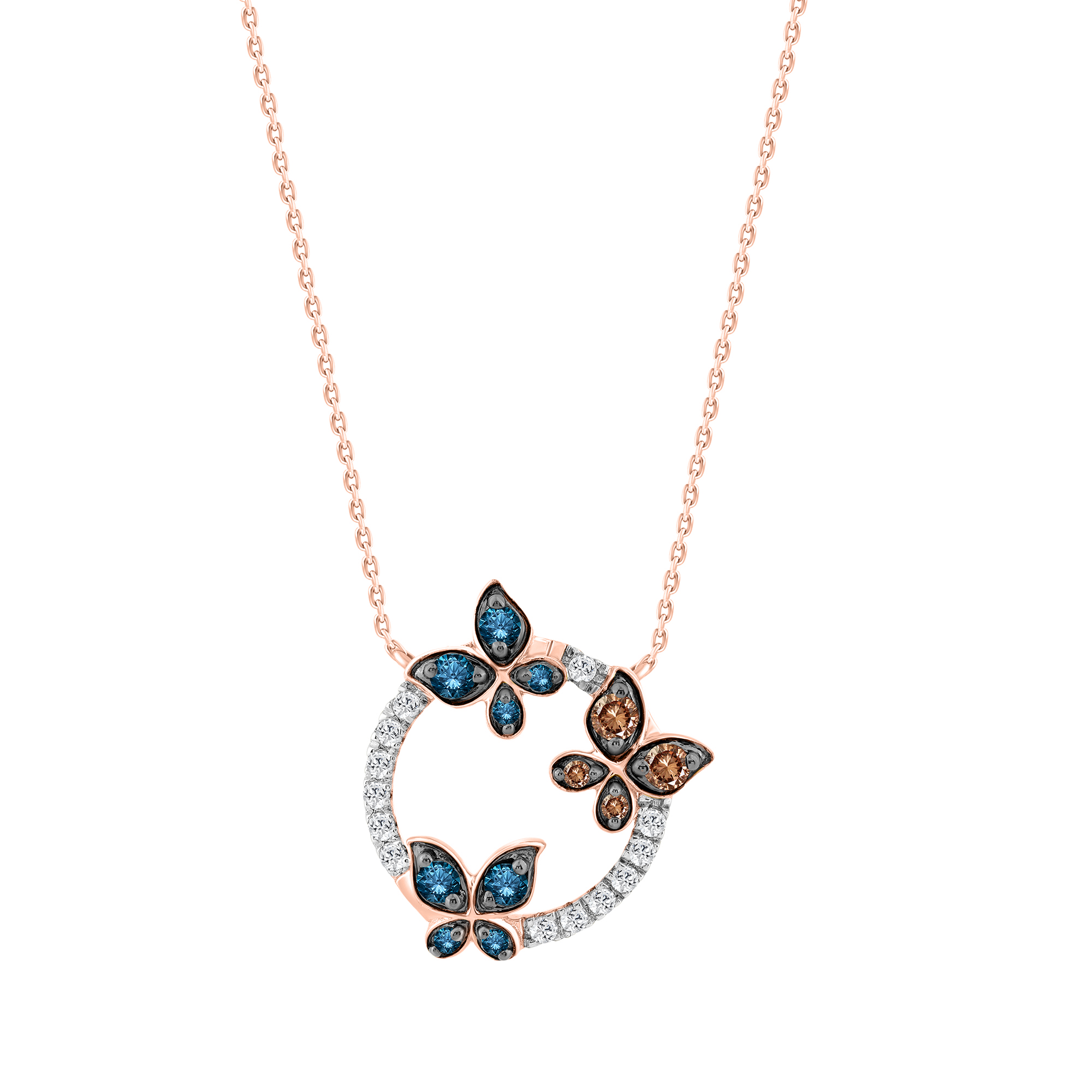 “Elegant Ladies Butterfly Pendant With Chain 0.33Ct Round Dark Brown & 14K Rose Gold Blue Diamond Fashion Jewelry For Women - Image 1