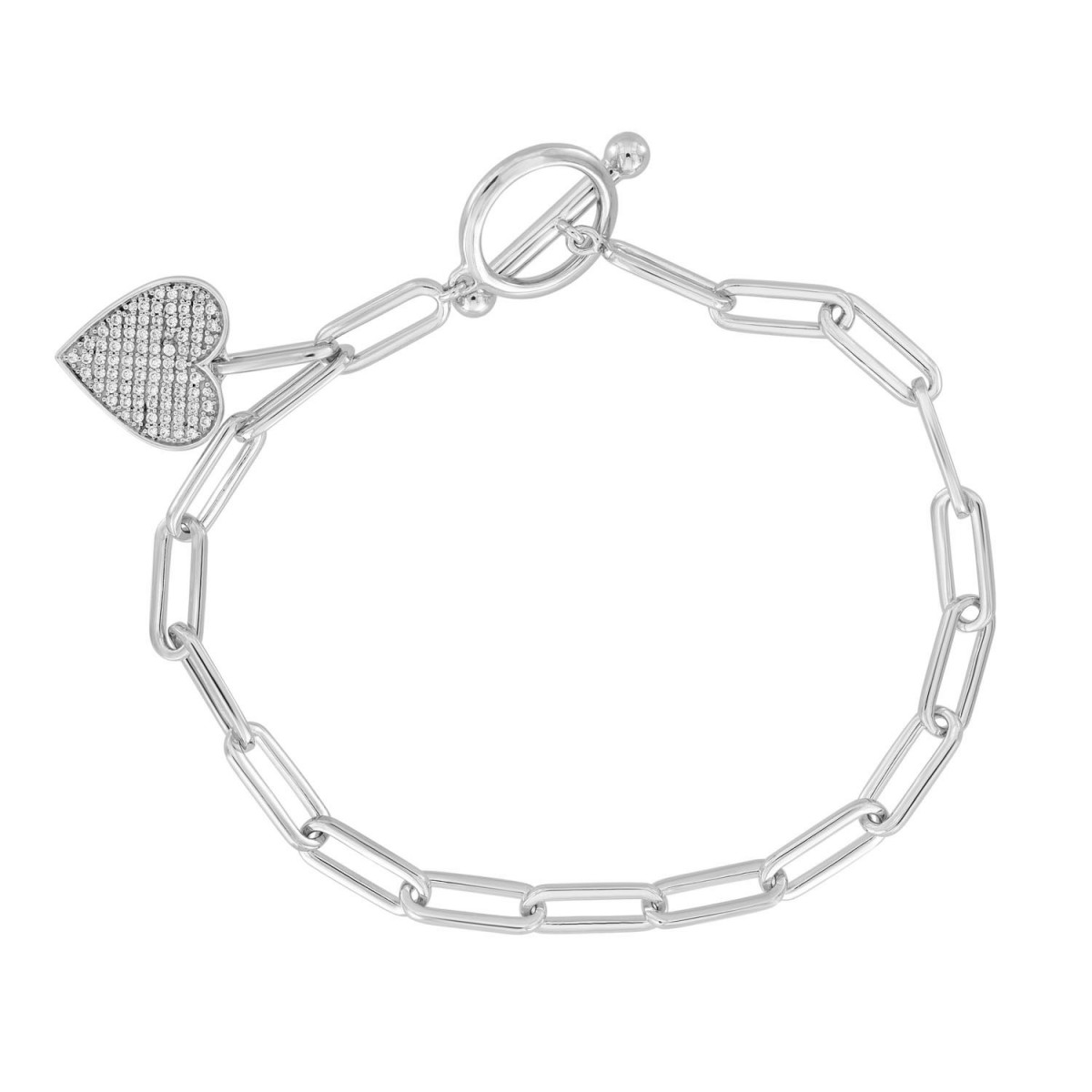 0.25CT Round Diamond Heart Charm Bracelet Sterling Silver White Paperclip Chain Bracelet For Women - Image 1