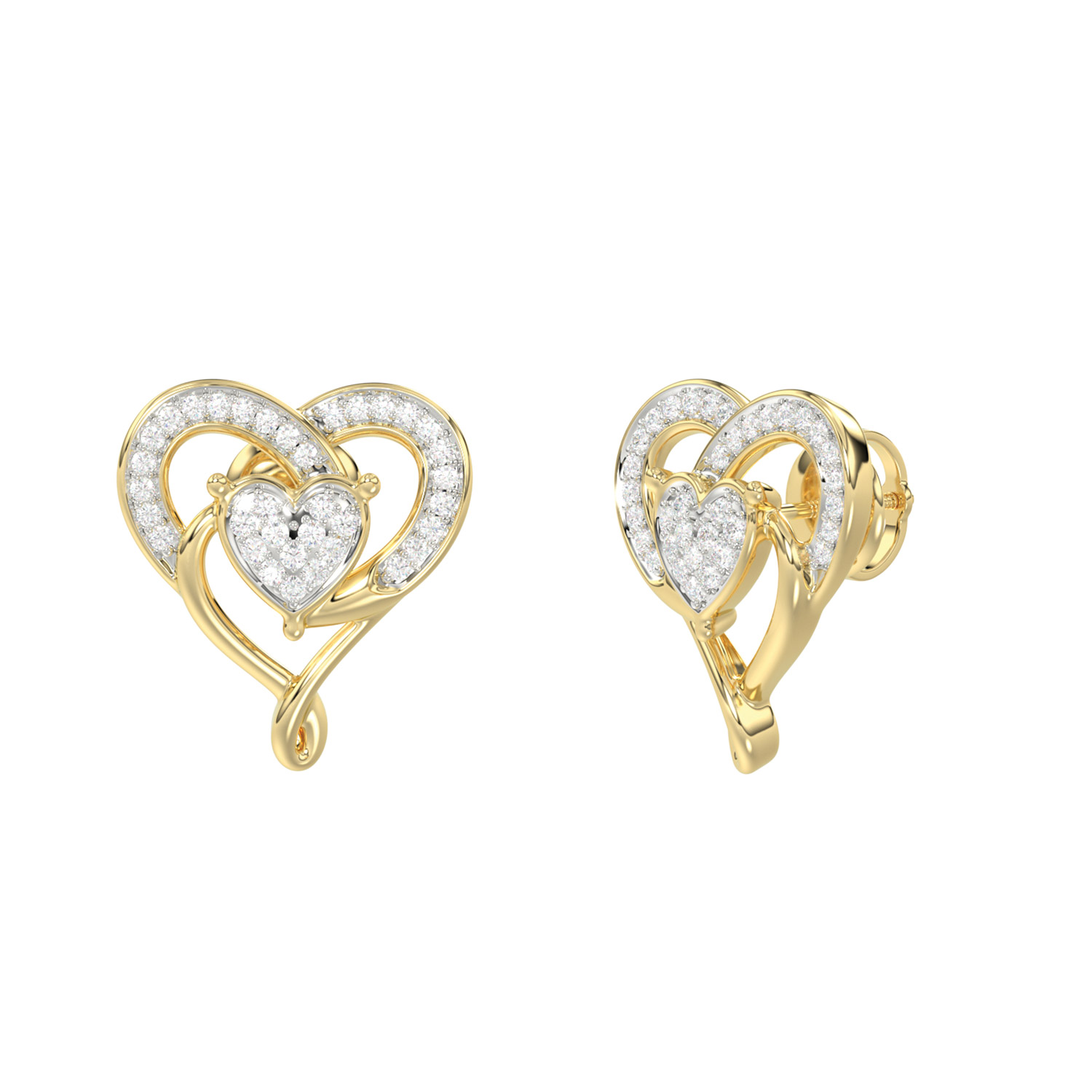 10K YELLOW GOLD DOUBLE HEART DIAMOND EARRINGS 0.15CT ROUND DIAMOND LADIES JEWELRY - Image 1
