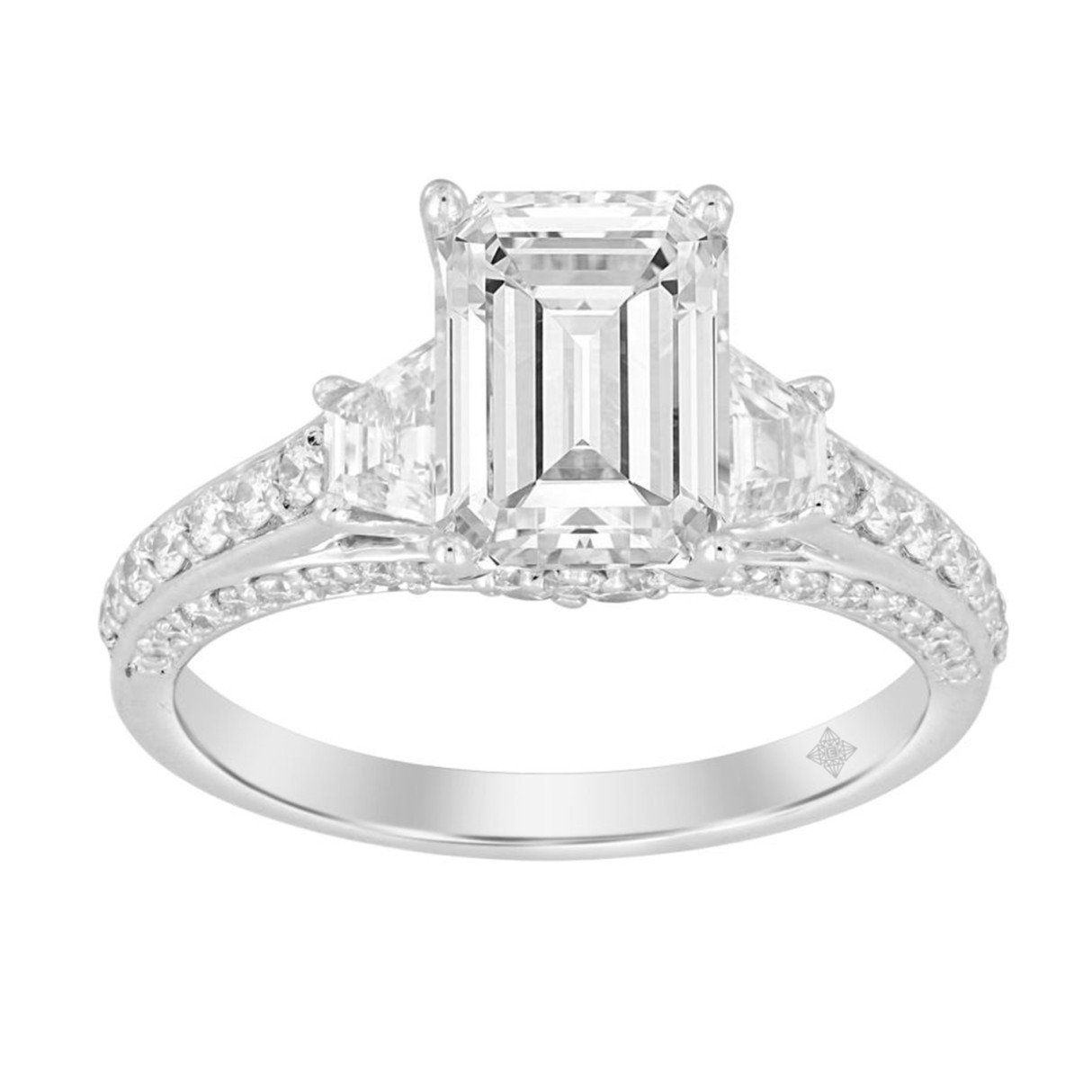 LADIES RING 3CT ROUND/EMERALD/TRAPEZOID DIAMOND 14K WHITE GOLD (CENTER STONE EMERALD DIAMOND 2CT ) - Image 1