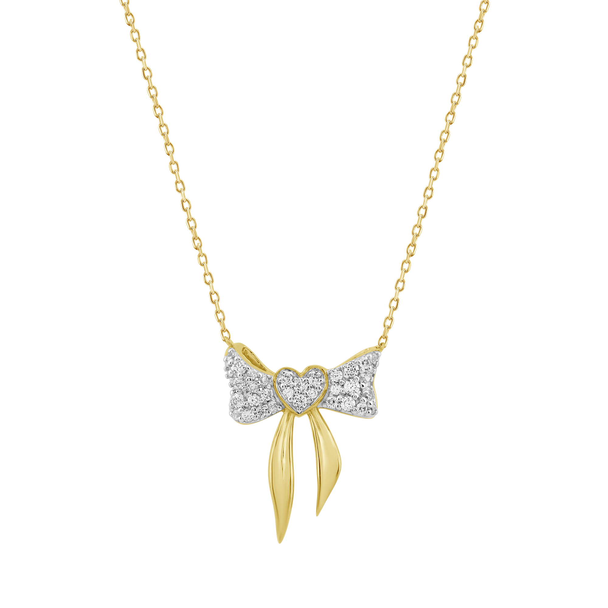 10K Yellow Gold Heart Bow Diamond Necklace 0.25CT Round Diamond Ladies Jewelry Gift - Image 1