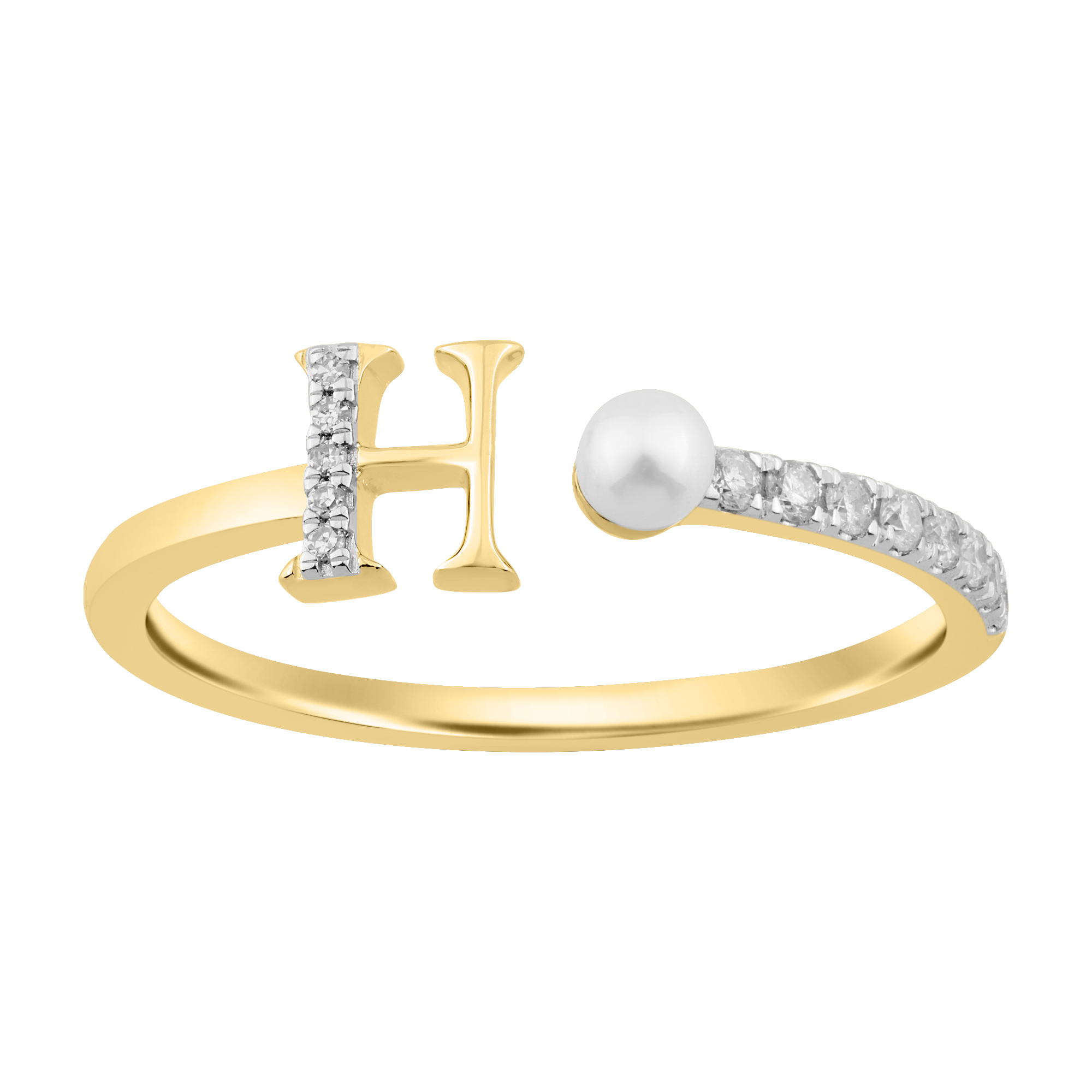 Women’S 10K Yellow Gold Letter “H” Diamond & Pearl Ring 0.10Ct Round Diamond Fine Jewelry - Image 1