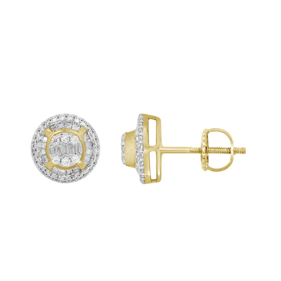 LADIES STUD EARRINGS 0.50CT ROUND/BAGUETTE DIAMOND 10K YELLOW GOLD - Image 1