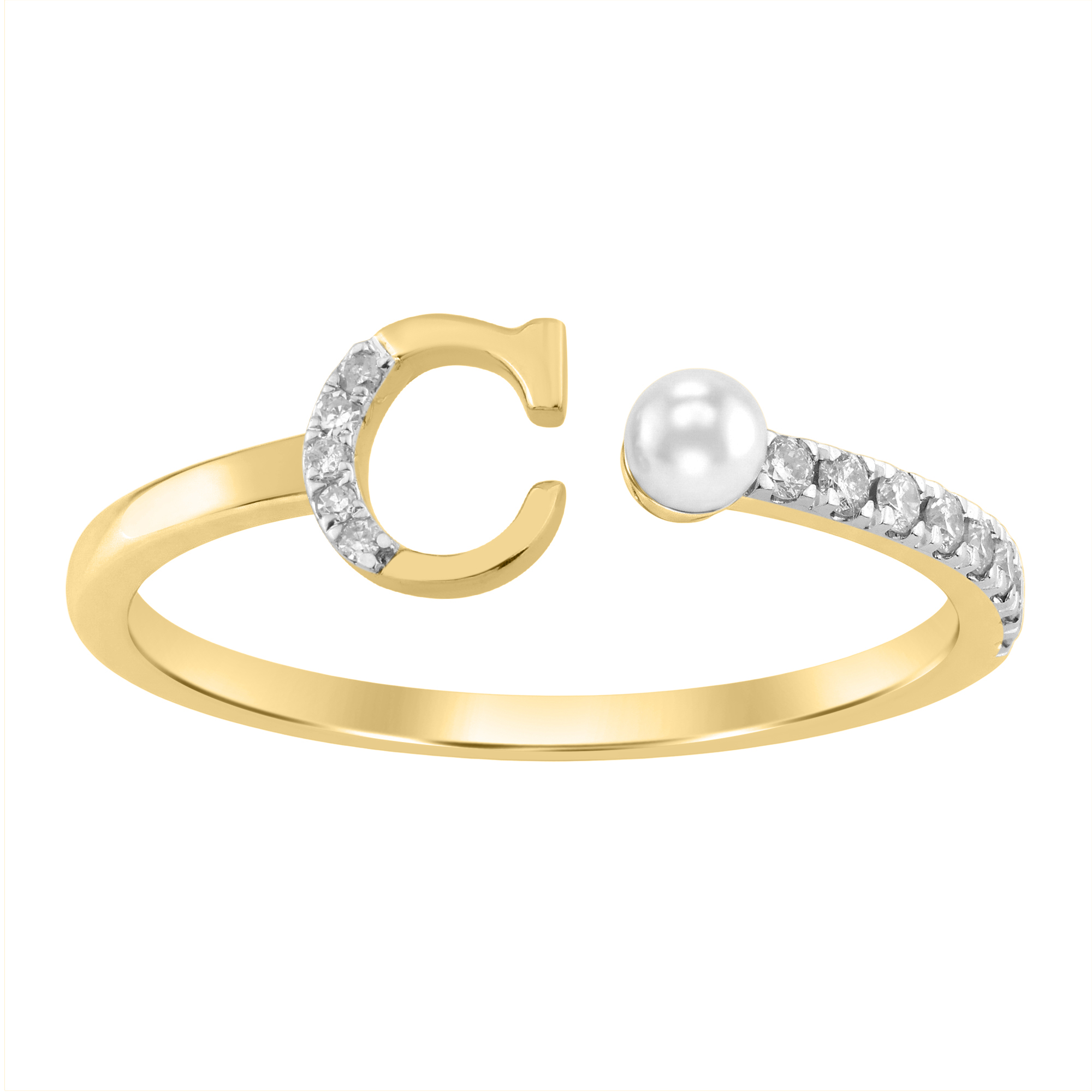 Women’S 10K Yellow Gold Letter “C” Diamond & Pearl Ring 0.10Ct Round Diamond Fine Jewelry - Image 1