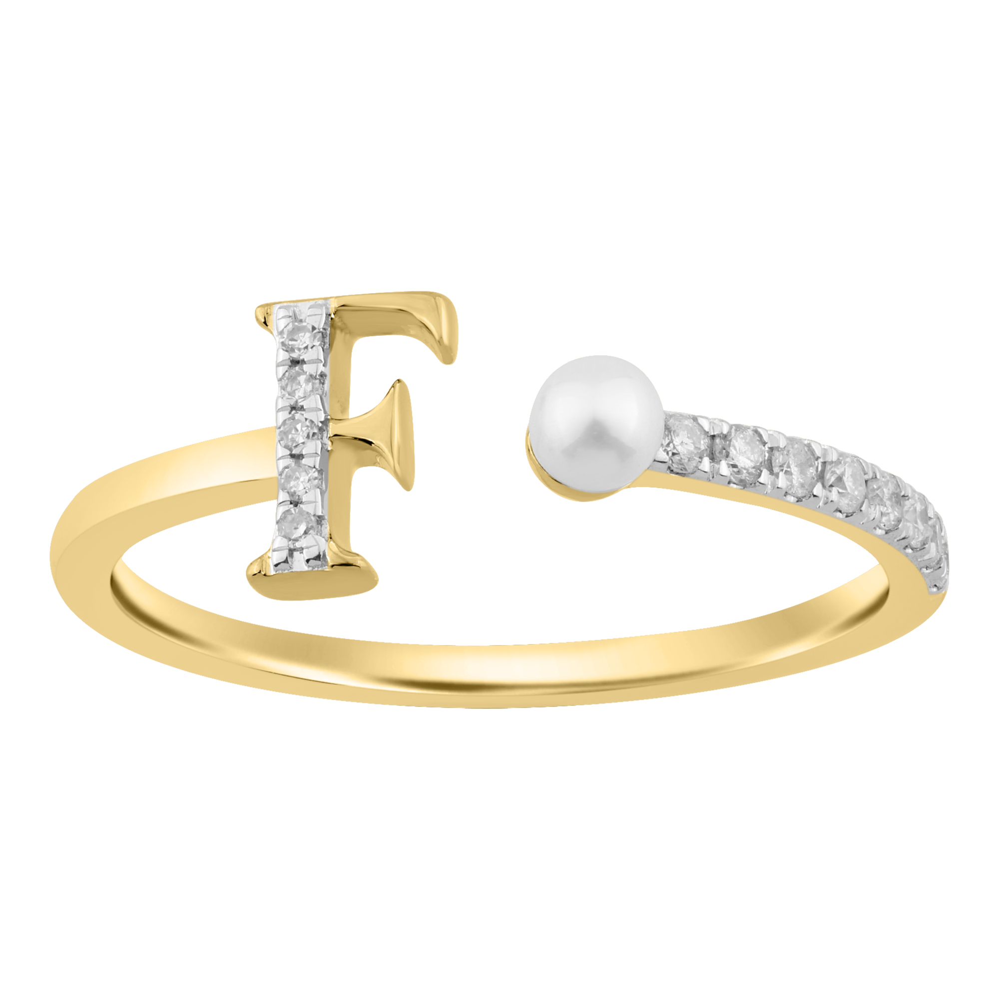 Women’S 10K Yellow Gold Letter “F” Diamond & Pearl Ring 0.10Ct Round Diamond Fine Jewelry - Image 1