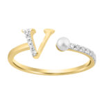 Women’S 10K Yellow Gold Letter “V” Diamond & Pearl Ring 0.10Ct Round Diamond Fine Jewelry