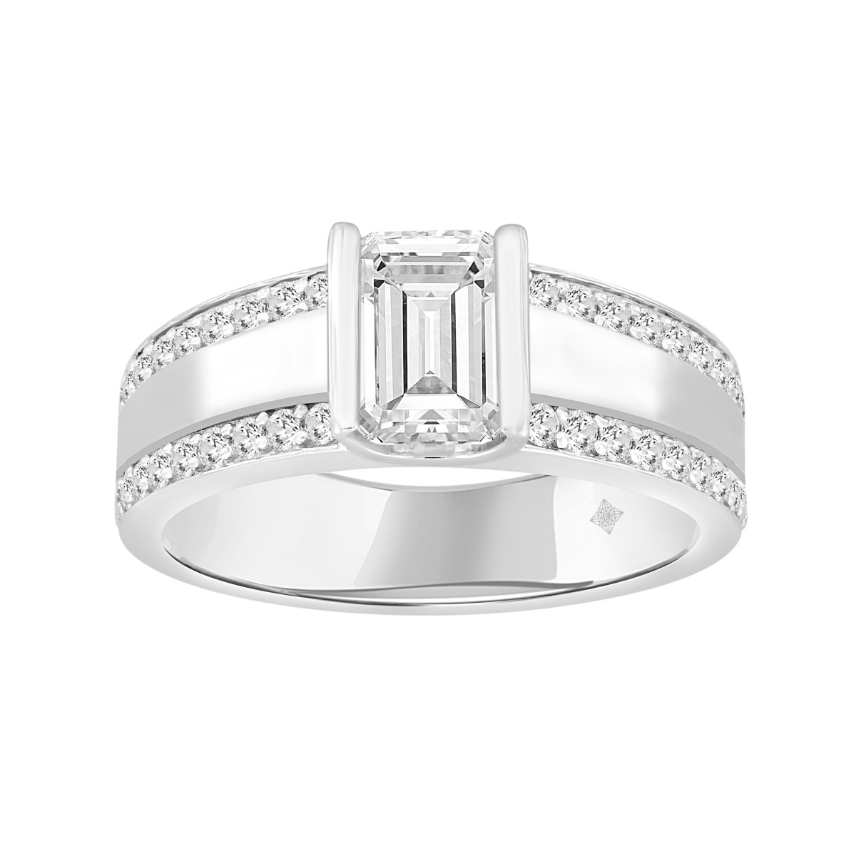 MEN'S RING 2CT ROUND/EMERALD DIAMOND 14K WHITE GOLD (CENTER STONE EMERALD DIAMOND 1 1/2CT ) - Image 1