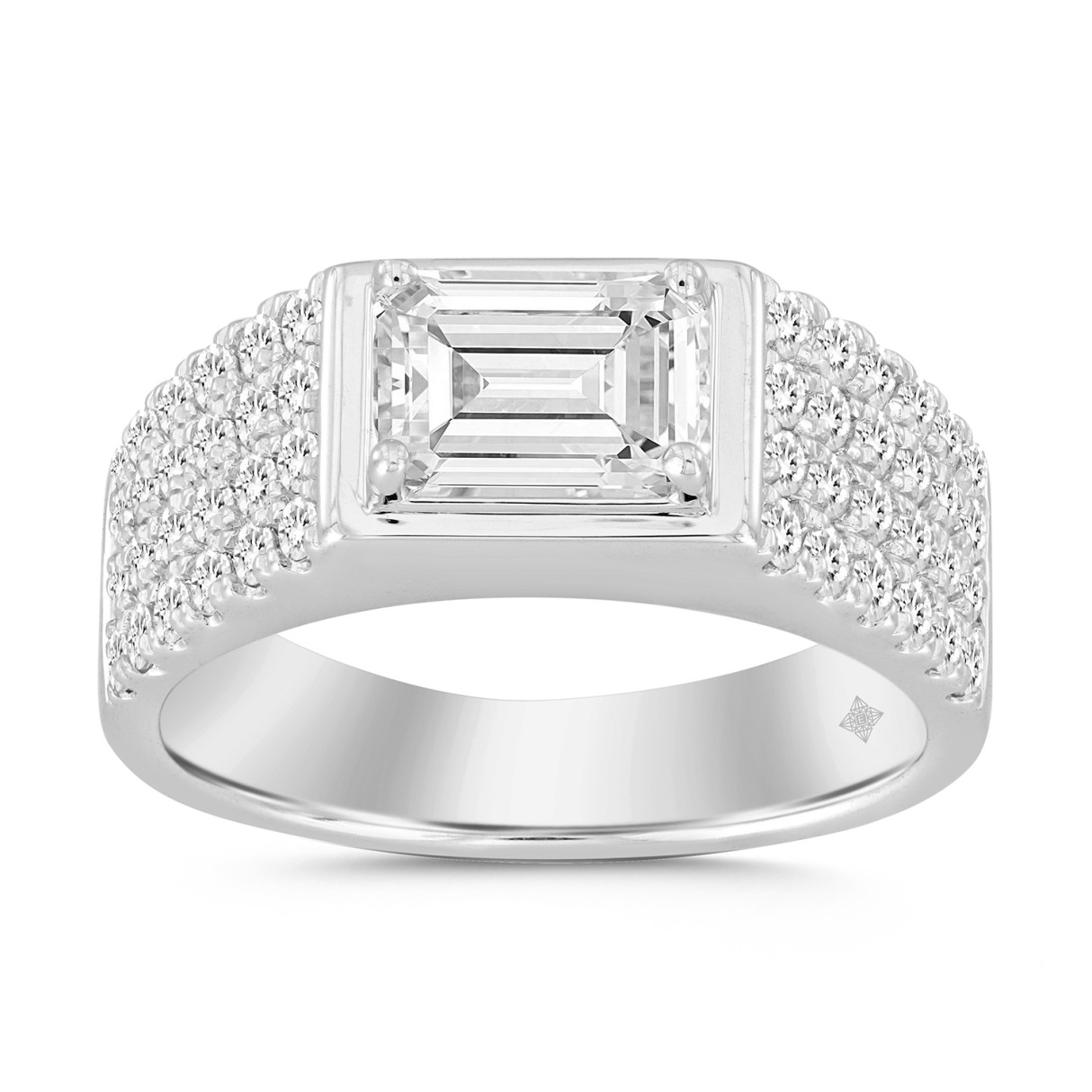 MEN'S RING 3CT EMERALD/ROUND DIAMOND 14K WHITE GOLD (CENTER STONE EMERALD DIAMOND 2CT ) - Image 1