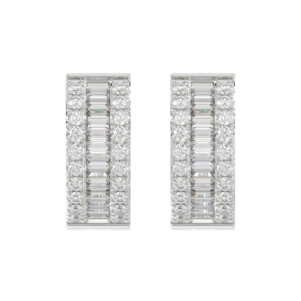 LADIES HOOP EARRINGS 3/8CT ROUND/BAGUETTE DIAMOND 14K WHITE GOLD - Image 1