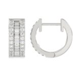 LADIES HOOP EARRINGS 3/8CT ROUND/BAGUETTE DIAMOND 14K WHITE GOLD - Image 2