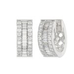 LADIES HOOP EARRINGS 3/8CT ROUND/BAGUETTE DIAMOND 14K WHITE GOLD - Image 3