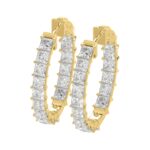 LADIES HOOP EARRINGS 5CT PRINCESS DIAMOND 14K YELLOW GOLD - Image 4