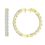 LADIES HOOP EARRINGS 5CT ROUND DIAMOND 14K YELLOW GOLD - Image 2