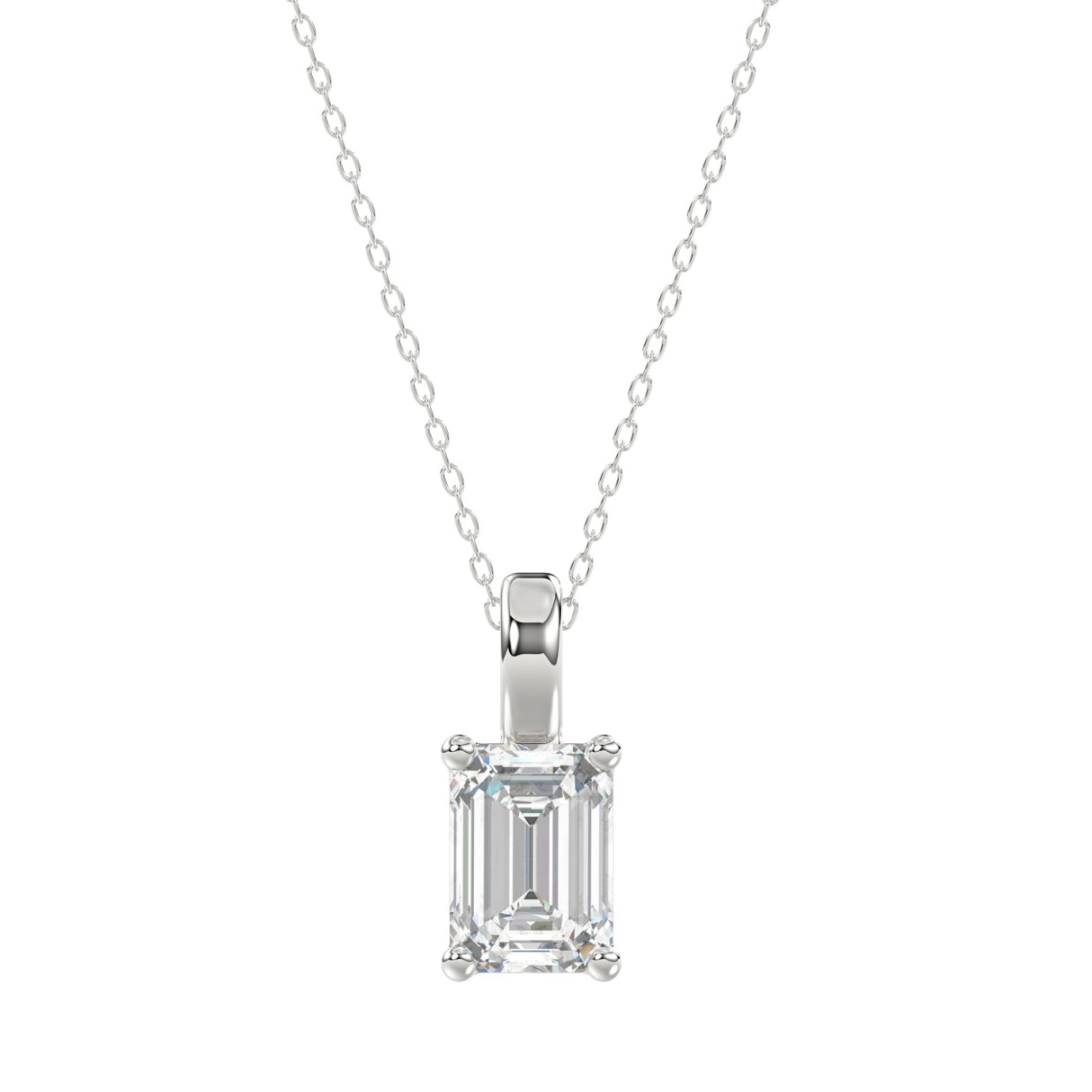 LADIES SOLITAIRE PENDANT WITH CHAIN 2CT EMERALD DIAMOND 14K WHITE GOLD - Image 1