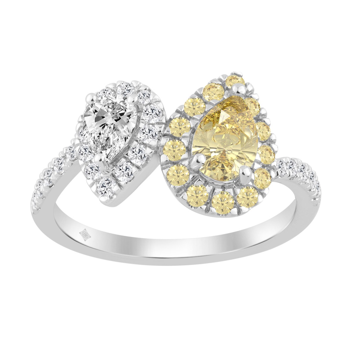 14K WHITE GOLD 1 1/4CT ROUND/YELLOW PEAR DIAMOND LADIES RING - Image 1
