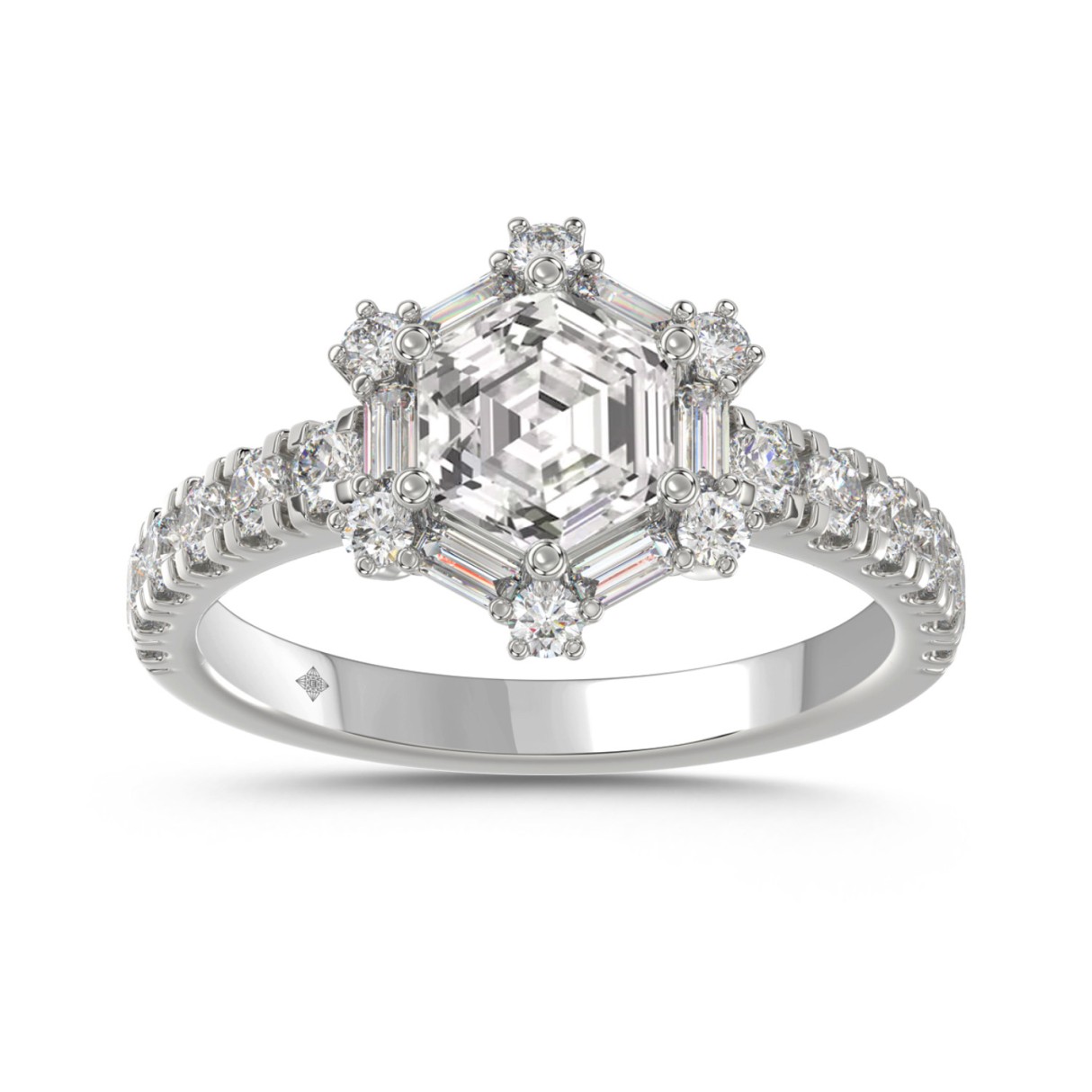 14K WHITE GOLD 1 3/4CT ROUND/BAGUETTE/HEZAGON STEP CUT DIAMOND LADIES RING - Image 1