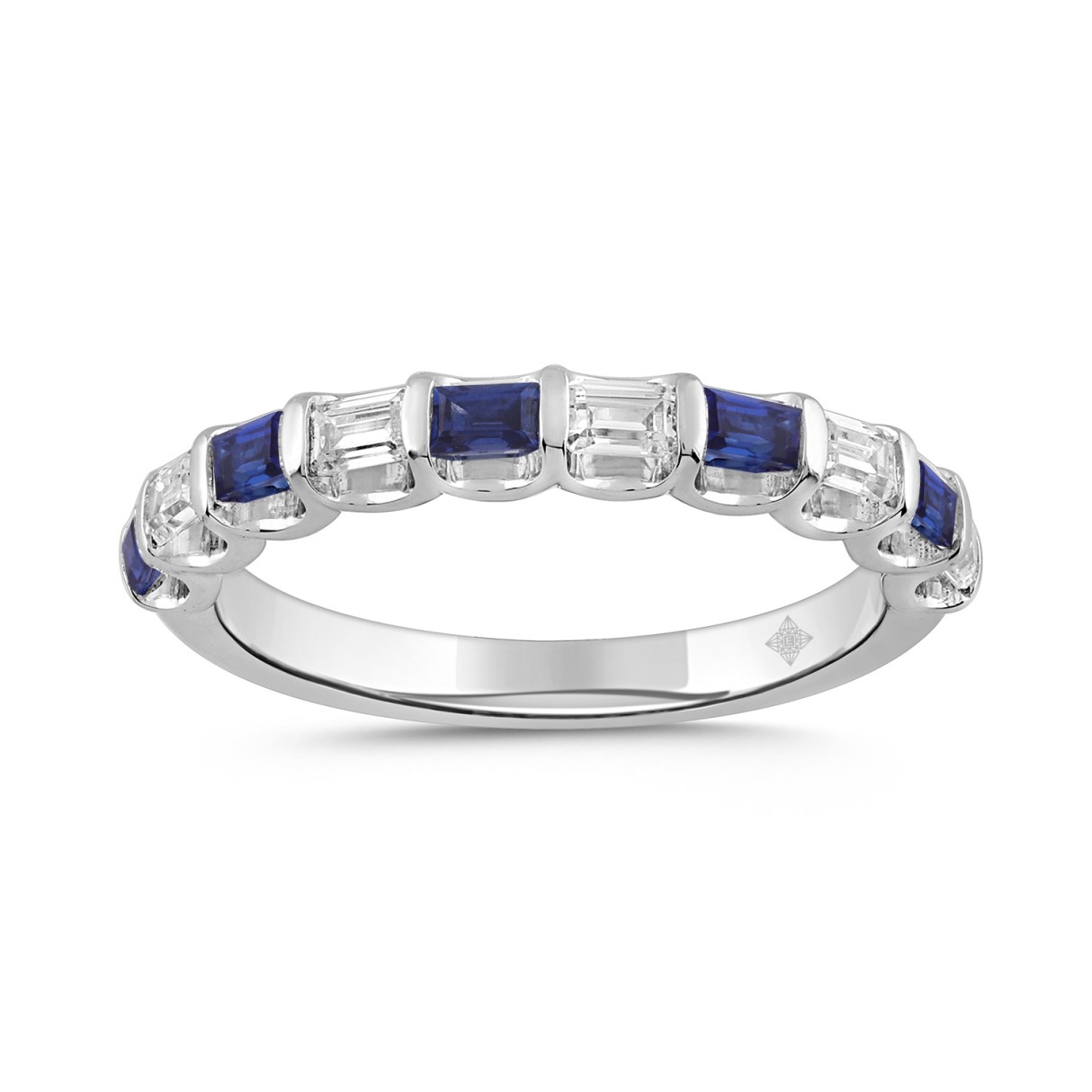 14K White Gold 1.00 CT Emerald Blue Sapphire & White Diamond Alternating Band Ring - Image 1
