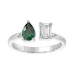 14K WHITE GOLD 1.00CT EMERALD/GREEN EMERALD PEAR DIAMOND LADIES RING