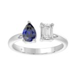 14K WHITE GOLD 1.00CT EMERALD/PEAR BLUE SAPPHIRE DIAMOND LADIES RING