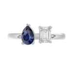 14K WHITE GOLD 1.00CT EMERALD/PEAR BLUE SAPPHIRE DIAMOND LADIES RING - Image 5