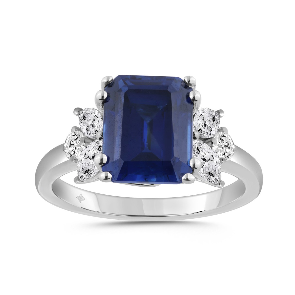 14K WHITE GOLD 1.00CT ROUND/BLUE SAPPHIRE EMERALD/MARQUISE DIAMOND LADIES RING - Image 1