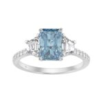 14K White Gold 2 1/4 Ct RADIANT Cut Blue Diamond & Trapezoid/Round Diamond Ring  RADIANT Blue 1 1/2Ct Center Stone For Women Engagement Ring, Fine