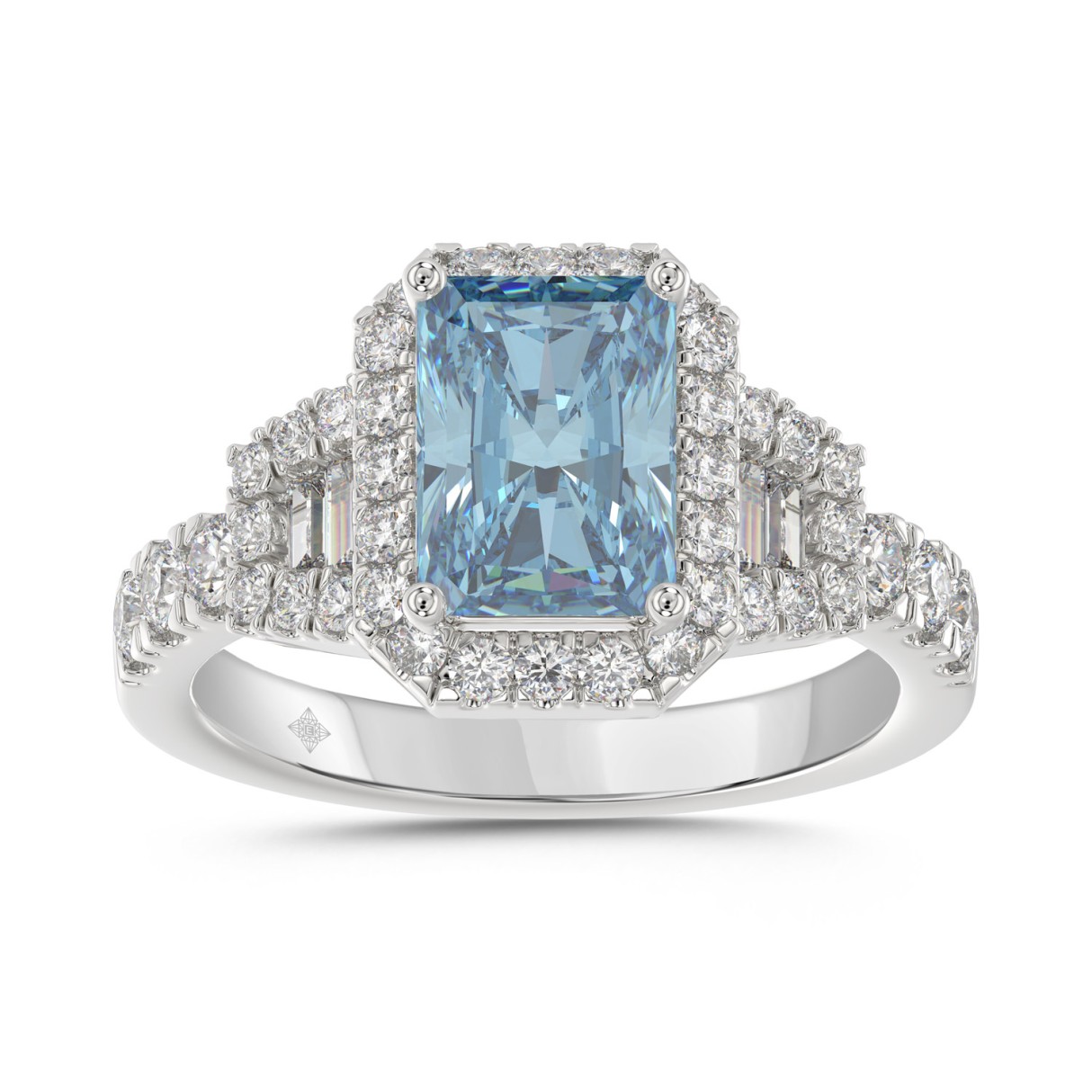 14K WHITE GOLD 2 3/4CT ROUND/BAGUETTE/RADIANT DIAMOND LADIES RING (CENTER STONE BLUE RADIANT DIAMOND 2.00CT) - Image 1
