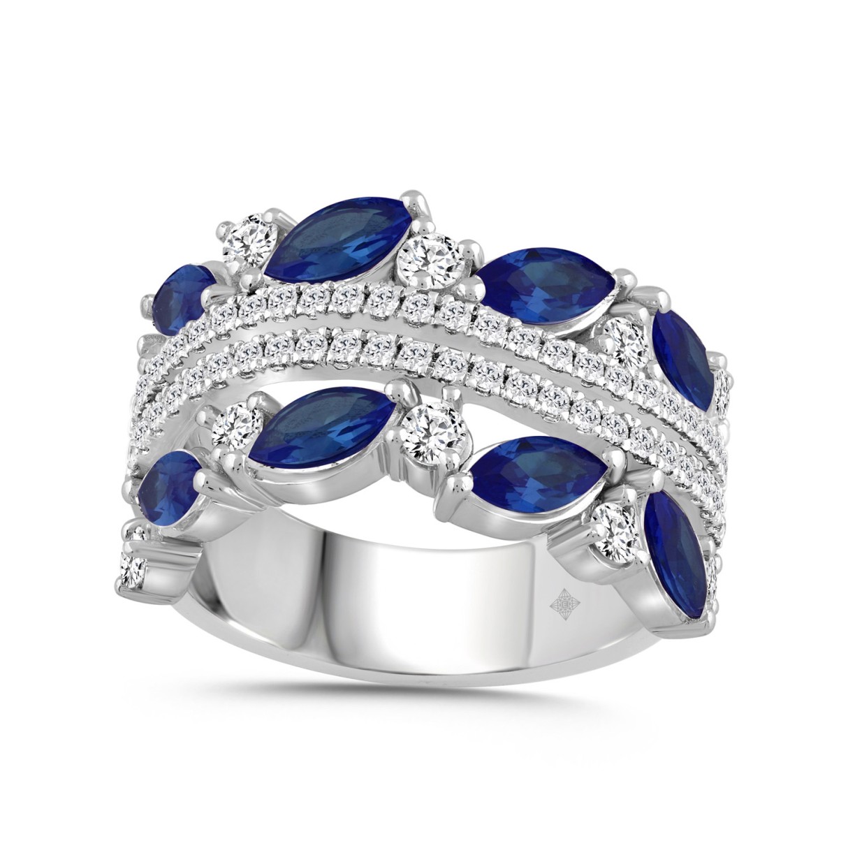 14K WHITE GOLD 2 7/8CT ROUND/BLUE SAPPHIRE MARQUISE DIAMOND LADIES RING (BLUE SAPPHIRE MARQUISE DIAMOND 2CT) - Image 1