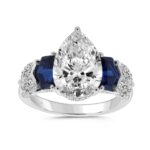 14K WHITE GOLD 3 3/4CT ROUND/PEAR/MARQUISE/BLUE SAPPHIRE CADILLAC DIAMOND LADIES RING (CENTER STONE PEAR DIAMOND 3CT)
