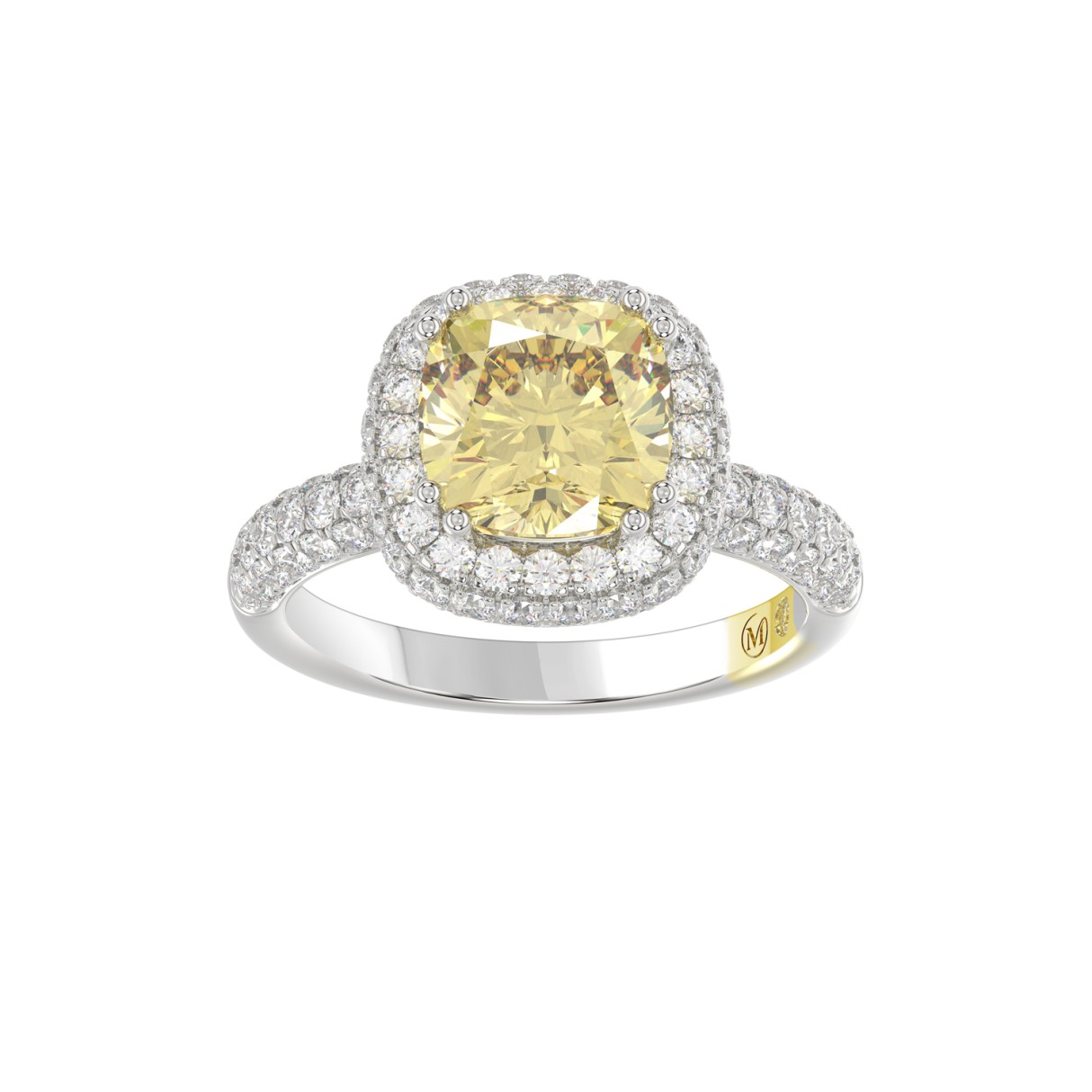 14K WHITE GOLD CRAFTED WITH 18K YELLOW GOLD SHANK 4.00CT ROUND/YELLOW CUSHION DIAMOND LADIES RING (CENTER STONE CUSHION YELLOW DIAMOND 3.00CT) - Image 1