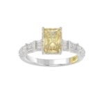14K WHITE GOLD CRAFTED WITH 18K YELLOW GOLD SHANK 2 3/4CT ROUND/BAGUETTE/EMERALD DIAMOND LADIES BRIDAL RING (CENTER STONE RADIANT YELLOW DIAMOND 2.00C