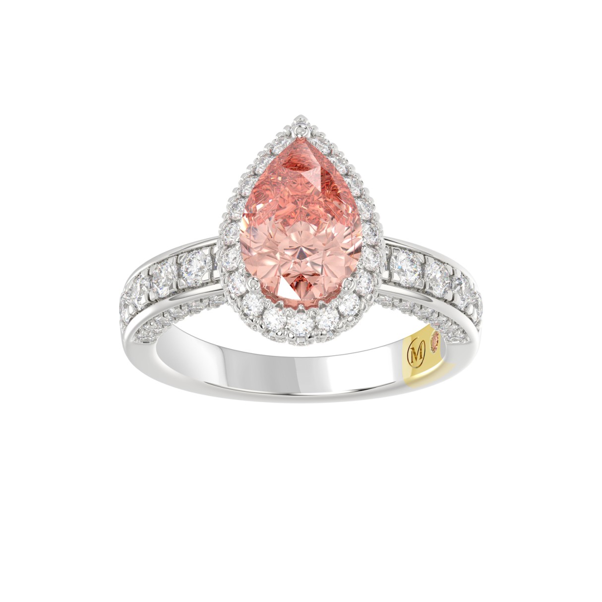 14K WHITE GOLD CRAFTED WITH 18K YELLOW GOLD SHANK 3 1/3CT ROUND/PEAR DIAMOND LADIES RING (CENTER STONE PINK PEAR DIAMOND 2.00CT) - Image 1
