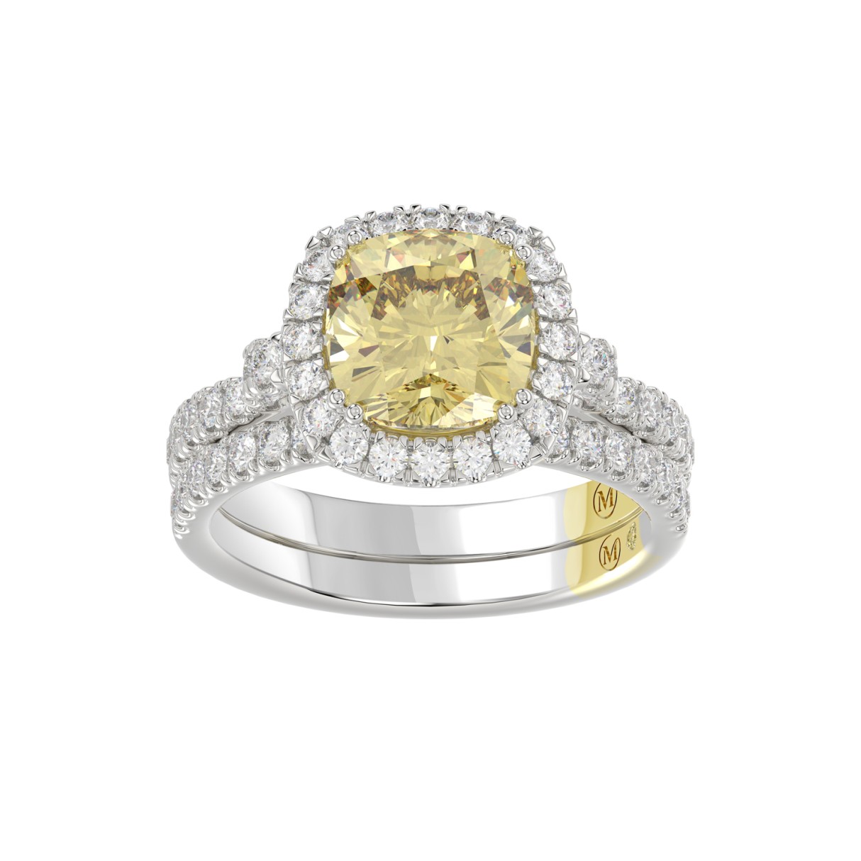 14K WHITE GOLD CRAFTED WITH 18K YELLOW GOLD SHANK 3 3/4CT ROUND/CUSHION DIAMOND LADIES BRIDAL SET (CENTER STONE CUSHION YELLOW DIAMOND 3.00CT) - Image 1