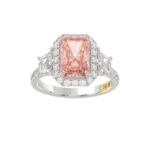 14K WHITE GOLD CRAFTED WITH 18K YELLOW GOLD SHANK 4 1/4CT ROUND/RADIANT/TRAPEZOID DIAMOND LADIES RING (CENTER STONE PINK RADIANT DIAMOND 3.00CT)