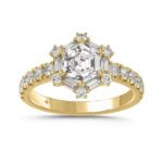 14K YELLOW GOLD 1 3/4CT ROUND/BAGUETTE/HEZAGON STEP CUT DIAMOND LADIES RING (CENTER STONE HEZAGON DIAMOND 1CT)