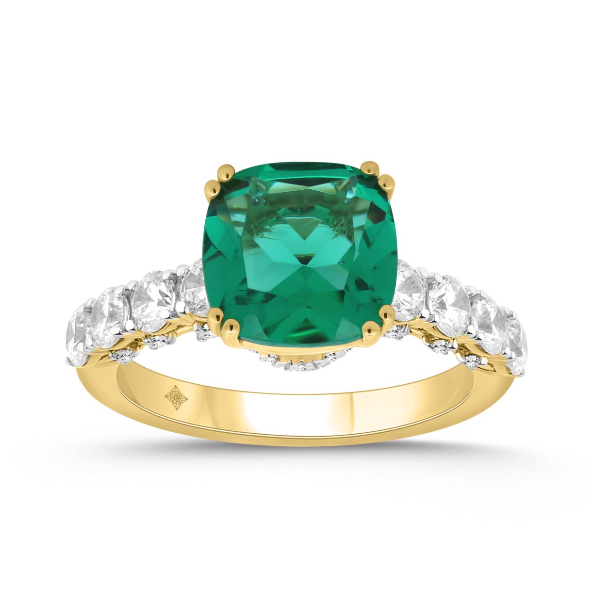 14K YELLOW GOLD 3 1/2CT ROUND/EMERALD CUSHION DIAMOND LADIES RING (CENTER STONE EMERALD CUSHION DIAMOND 2 1/2CT) - Image 1