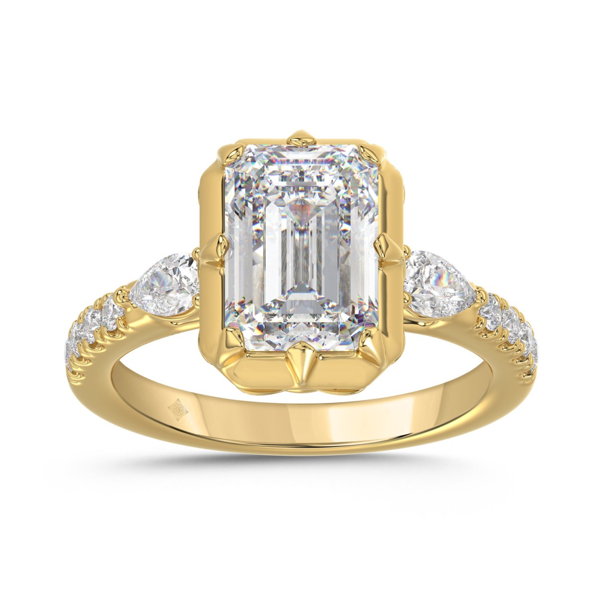 14K YELLOW GOLD 3 1/2CT ROUND/PEAR/EMERALD DIAMOND LADIES RING (CENTER STONE EMERALD DIAMOND 3CT) - Image 1