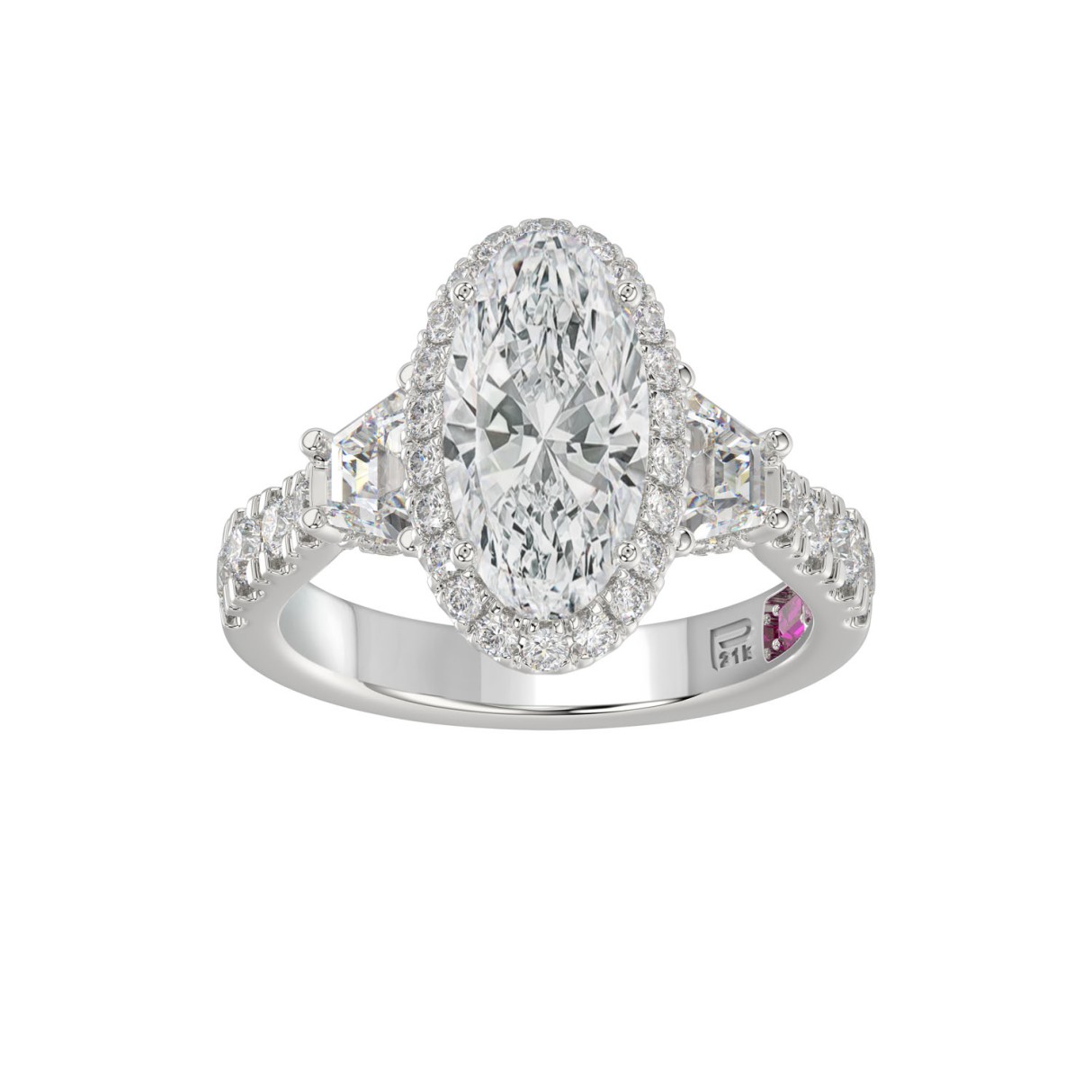 21K PLATINUM LADIES RING 3 1/4CT ROUND/OVAL/TRAPEZOID/BAGUETTE DIAMOND (CENTER STONE OVAL DIAMOND 2CT) - Image 1