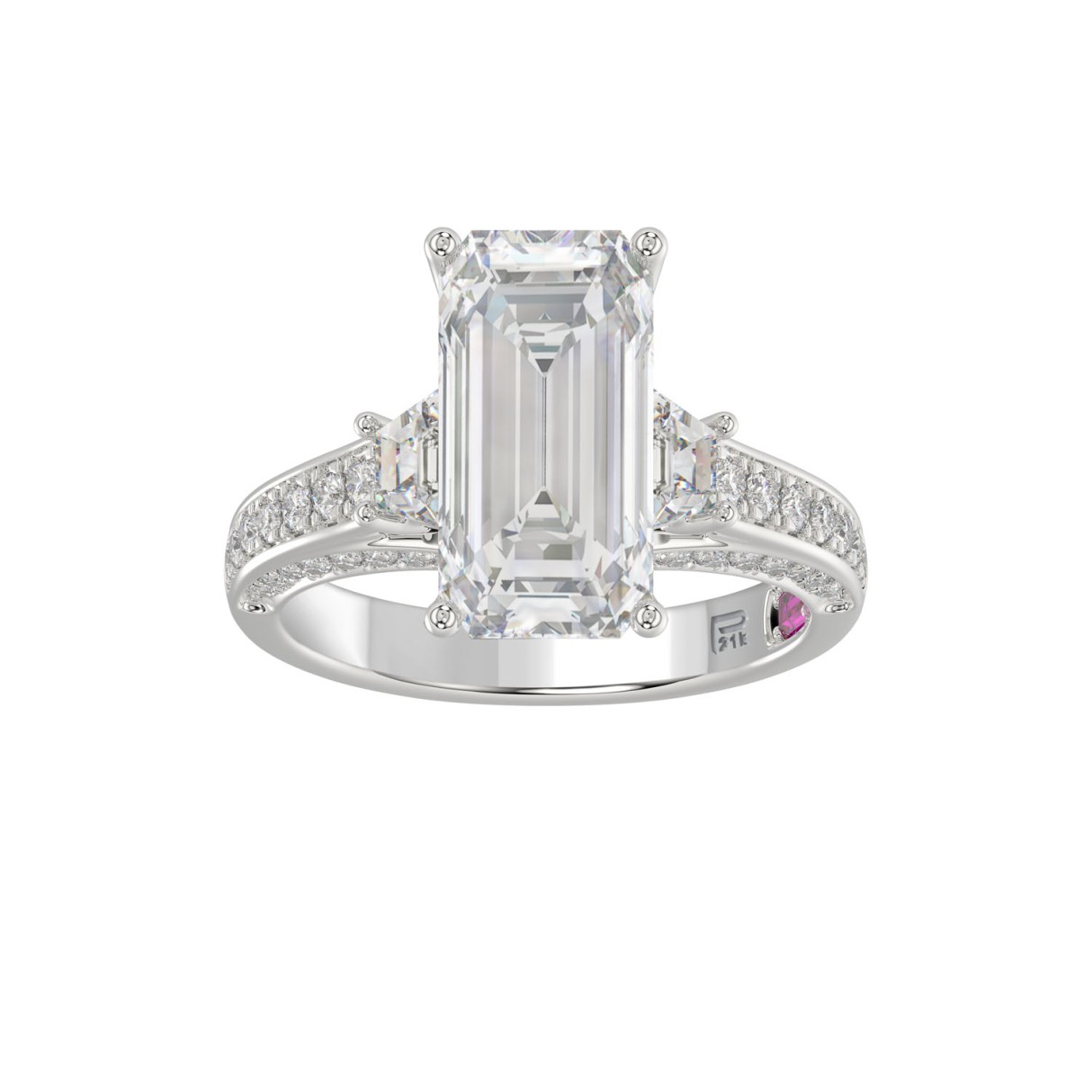 21K PLATINUM LADIES RING WITH 4.00CT TRAPEZOID/ROUND/EMERALD/BAGUETTE DIAMONDS (CENTER STONE EMERALD DIAMOND 3CT) - Image 1