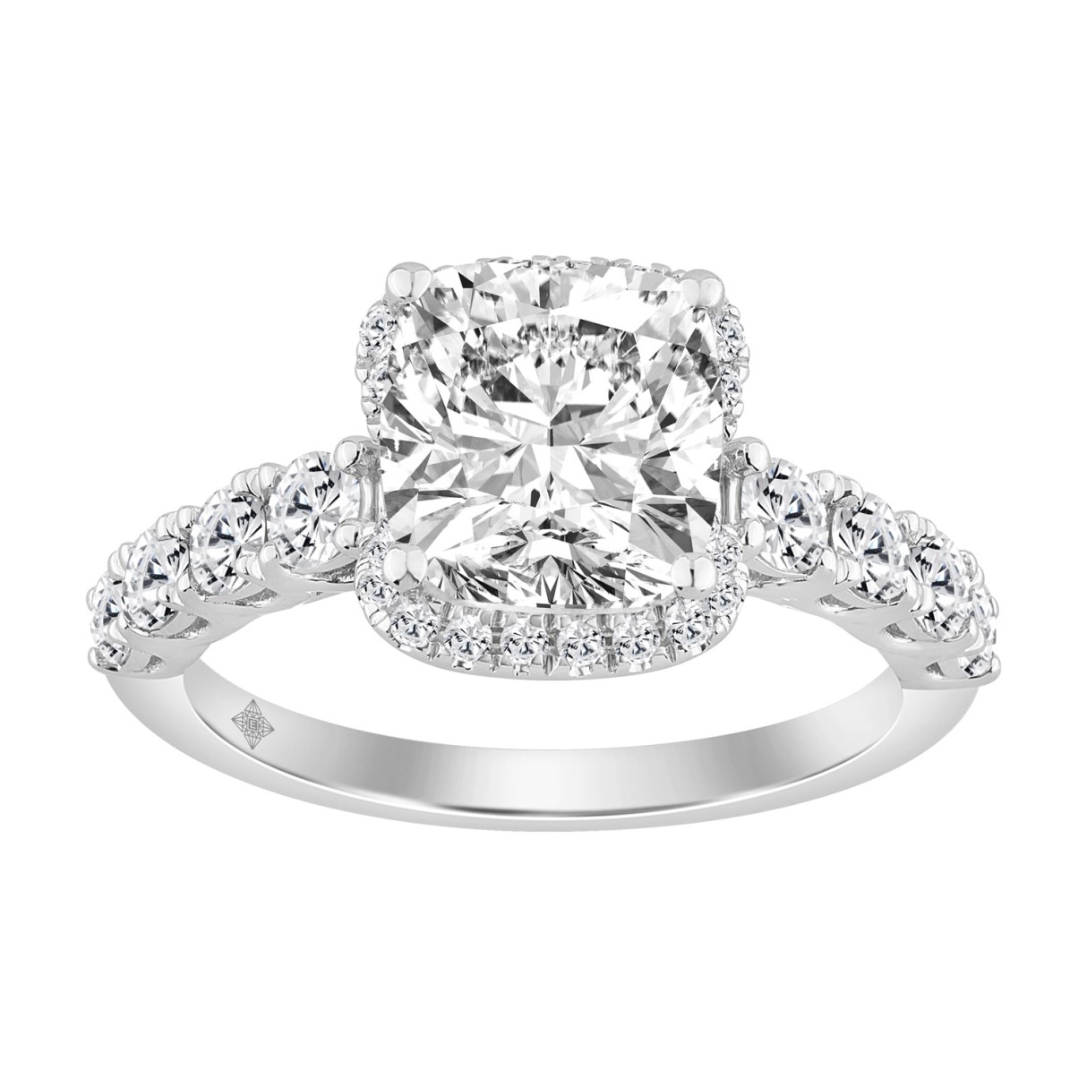 Elegance Ladies 3 1/2CT Round/Baguette/Cushion Lab Grown Diamond Bridal Ring 14K White Gold Ladies Engagement Ring with 3.00CT Cushion Center stone (C - Image 1