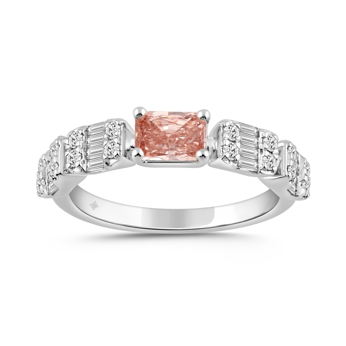 ETERNAL BLUSH COLLECTION 14K WHITE GOLD 1.00CT ROUND/BAGUETTE/ PINK RADIANT DIAMOND LADIES RING - Image 1
