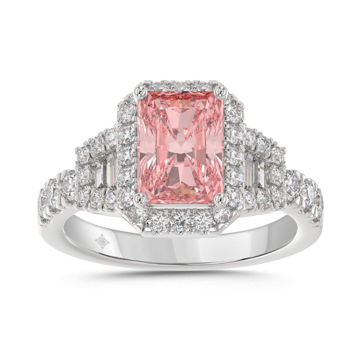 ETERNAL BLUSH COLLECTION 14K WHITE GOLD 2 3/4CT ROUND/BAGUETTE/RADIANT DIAMOND LADIES RING (CENTER STONE PINK RADIANT DIAMOND 2.00CT) - Image 1